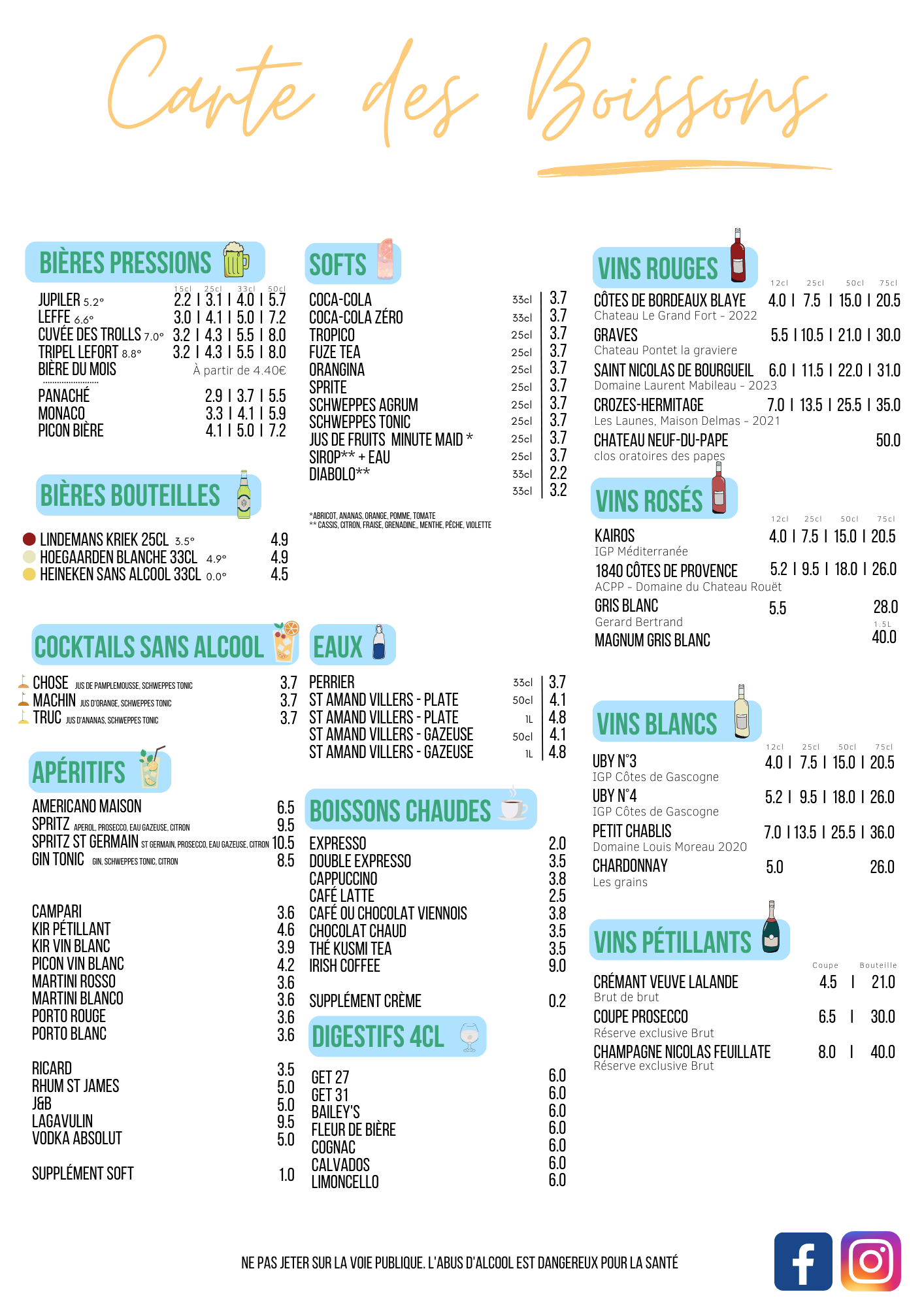 Carte des boissons Inesis Golf Park